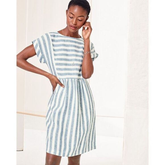 Garnet Hill Seamed Linen Popover Dress size 8 Striped White Blue Short Sleeve - Picture 1 of 10